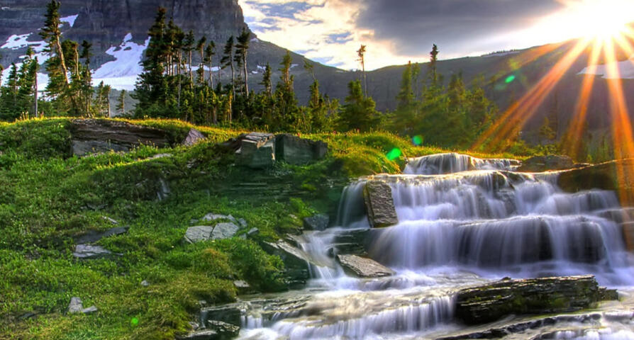 Waterfall and mountains